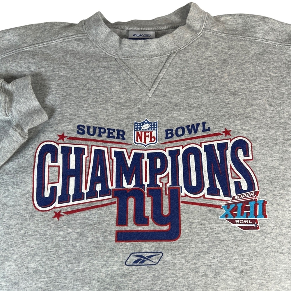 NY Giants Super Bowl XLII Champions Mens M Reebok Sweatshirt 2008 Gray Retro NFL